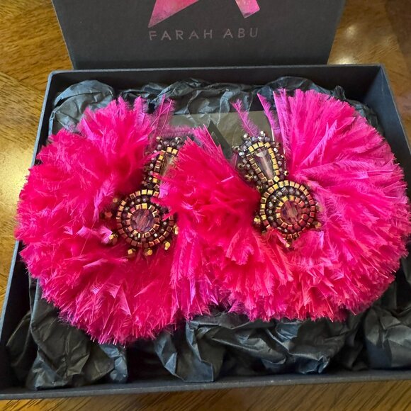 Farah Abu Khiloni Oversized Statement Earrings in Pink Feathers and Crystals - Picture 3 of 5